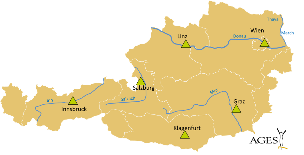The diagram shows the wastewater treatment plants sampled in Austria. The wastewater and sewage sludge from the wastewater treatment plants in Gössendorf (Graz), Feuerbach (Klagenfurt), Asten (Linz) and Simmering (Vienna) are regularly analysed for radioactive substances. 