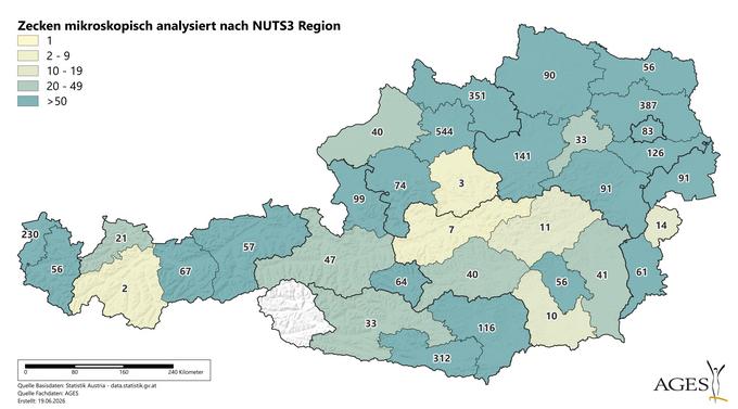 Jahr 2026: Zecken mikroskopisch analysiert nach NUTS3 Region (Enlarges Image in Dialog Window)