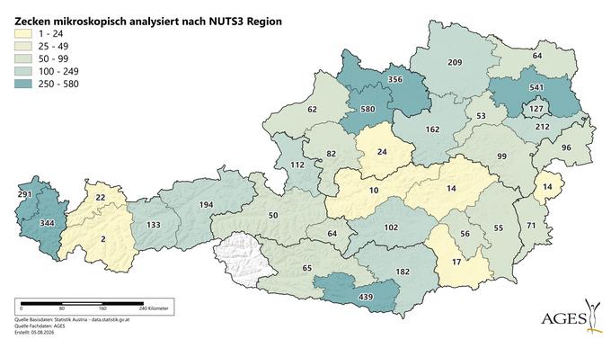 Jahr 2026: Zecken mikroskopisch analysiert nach NUTS3 Region (Enlarges Image in Dialog Window)