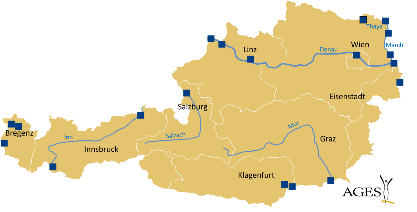 The diagram shows the sampling points for surfaces in Austria. The sampling points for surfaces are in Alt-Prerau, Bangs, Bernhardsthal, Bregenz, Erl, Fußach, Hainburg a/d Donau, Hohenau a/d March, Ingling, KW Asten, KW Jochenstein, Lavamünd, Markthof, Martinsbruck, Nickelsdorf, Oberndorf b.Salzburg, Schwabegg, Spielfeld and Vienna. 
