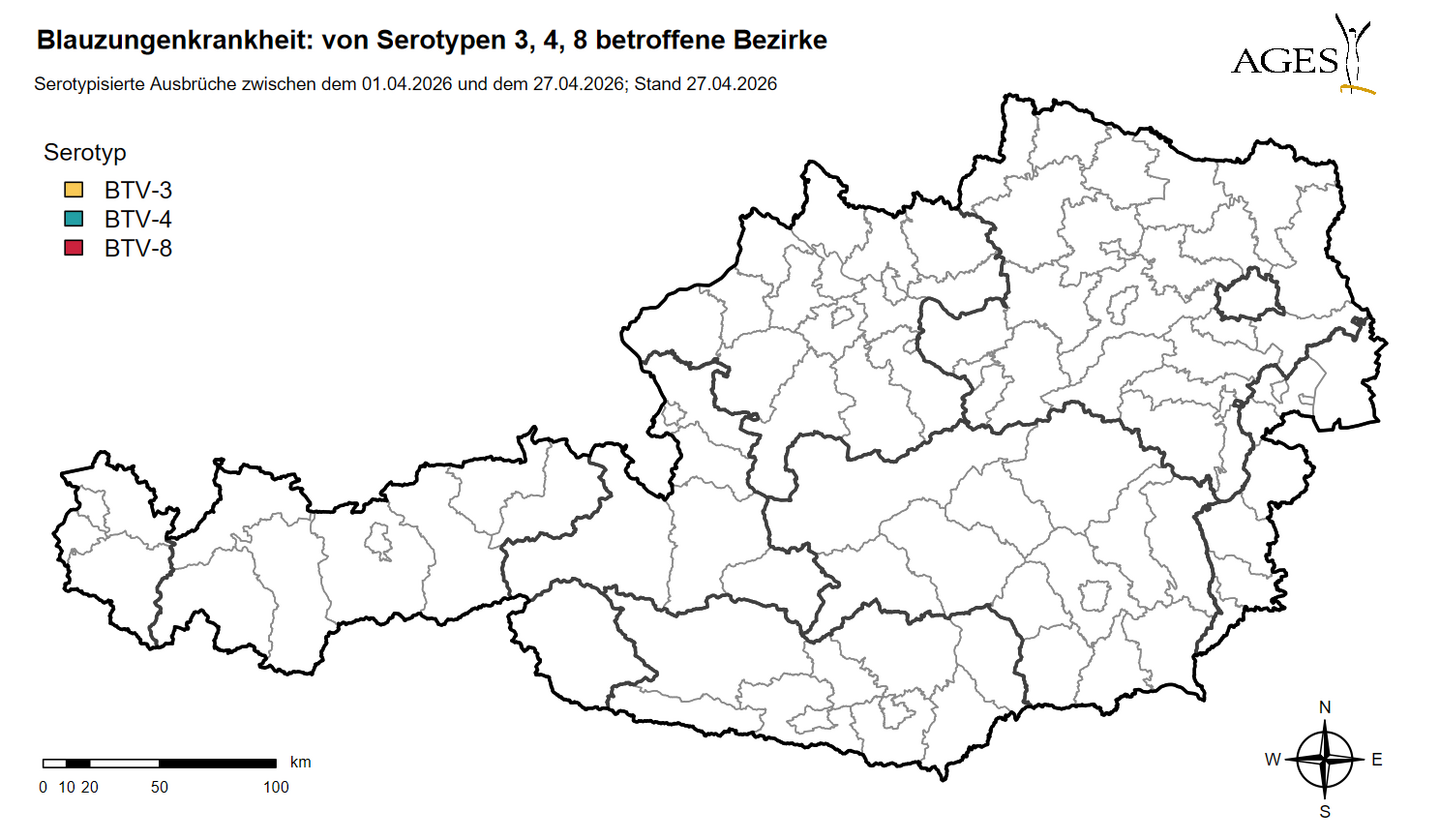 Österreichkarte, die die von der Blauzungenkrankheit betroffenen Bezirke zeigt