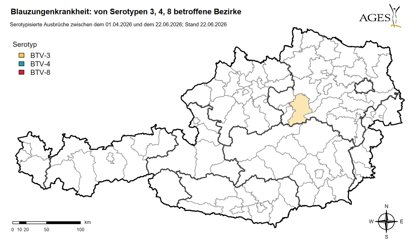 Österreichkarte, die die von der Blauzungenkrankheit betroffenen Bezirke zeigt
