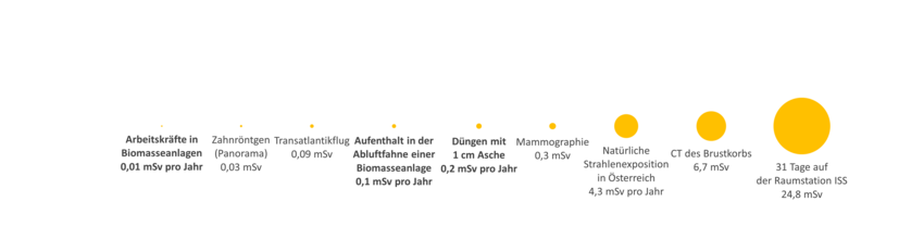Ein Panorama Zahnröntgen entspricht einer Dosis von ca. 0,03 mSv ein Transatlantikflug von ca. 0,09 mSv und eine Mammografieuntersuchung von ca. 0,3 mSv. Die natürliche Strahlenbelastung in Österreich beträgt ca. 4,3mSv pro Jahr. Ein CT des Brustkorbs entspricht ca. 6,7 mSv, während ein 31-tägiger Aufenthalt auf der Raumstation ISS mit ca. 24,8 mSv verbunden ist. Zum Vergleich erhält eine Arbeitskraft in einer Biomasseanlage eine jährliche Dosis von ca. 0,01 mSv, eine Einzelperson der Bevölkerung in der Abluftfahne einer Biomasseanlage ca. 0,1 mSv und beim Düngen mit 1 cm Holzasche ca. 0,2 mSv. (Vergrößert das Bild in einem Dialog Fenster)