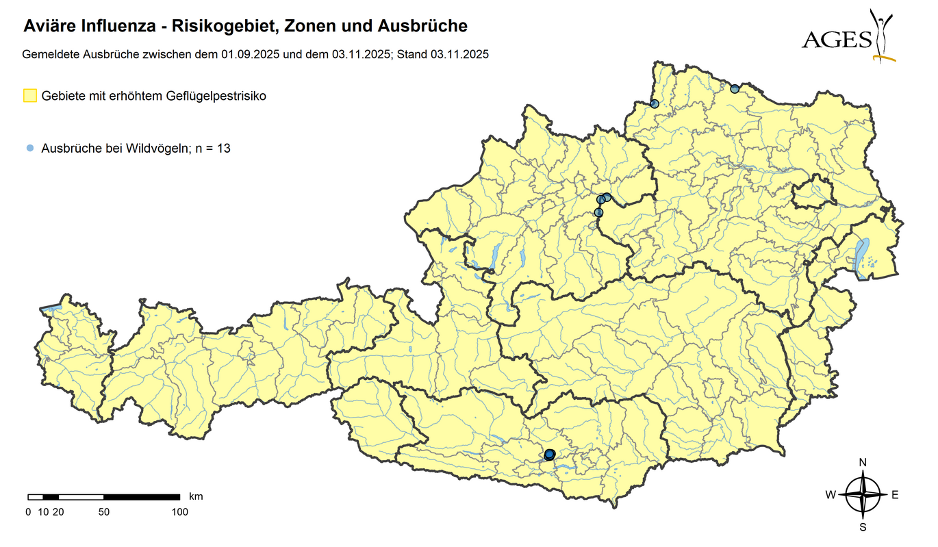 Vogelgrippe Ausbrüche seit 01.09.2025 (Vergrößert das Bild in einem Dialog Fenster)