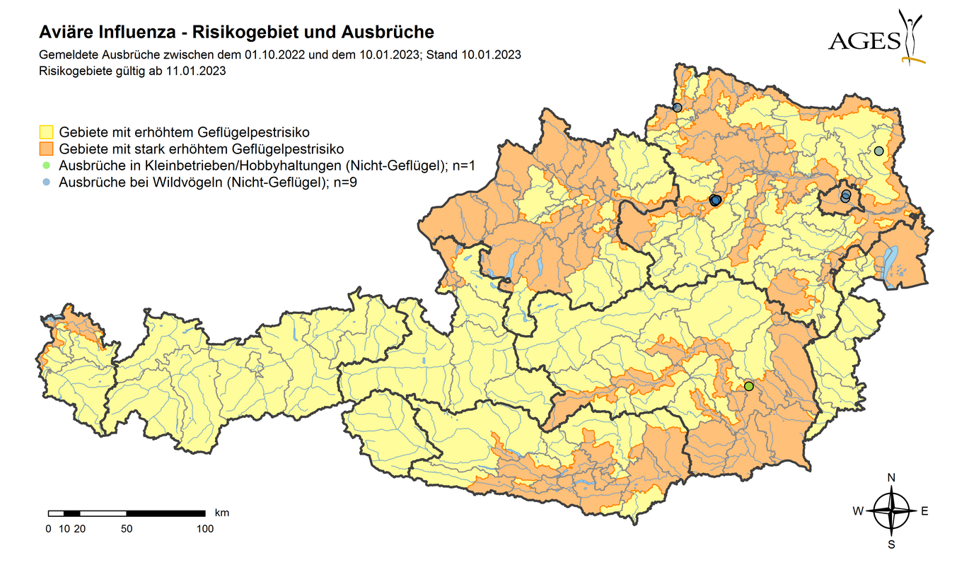 Risikogebiete für Aviäre Influenza und Lokalisation der Fälle bei Wildvögeln und in Kleinbetrieben/Hobbyhaltungen