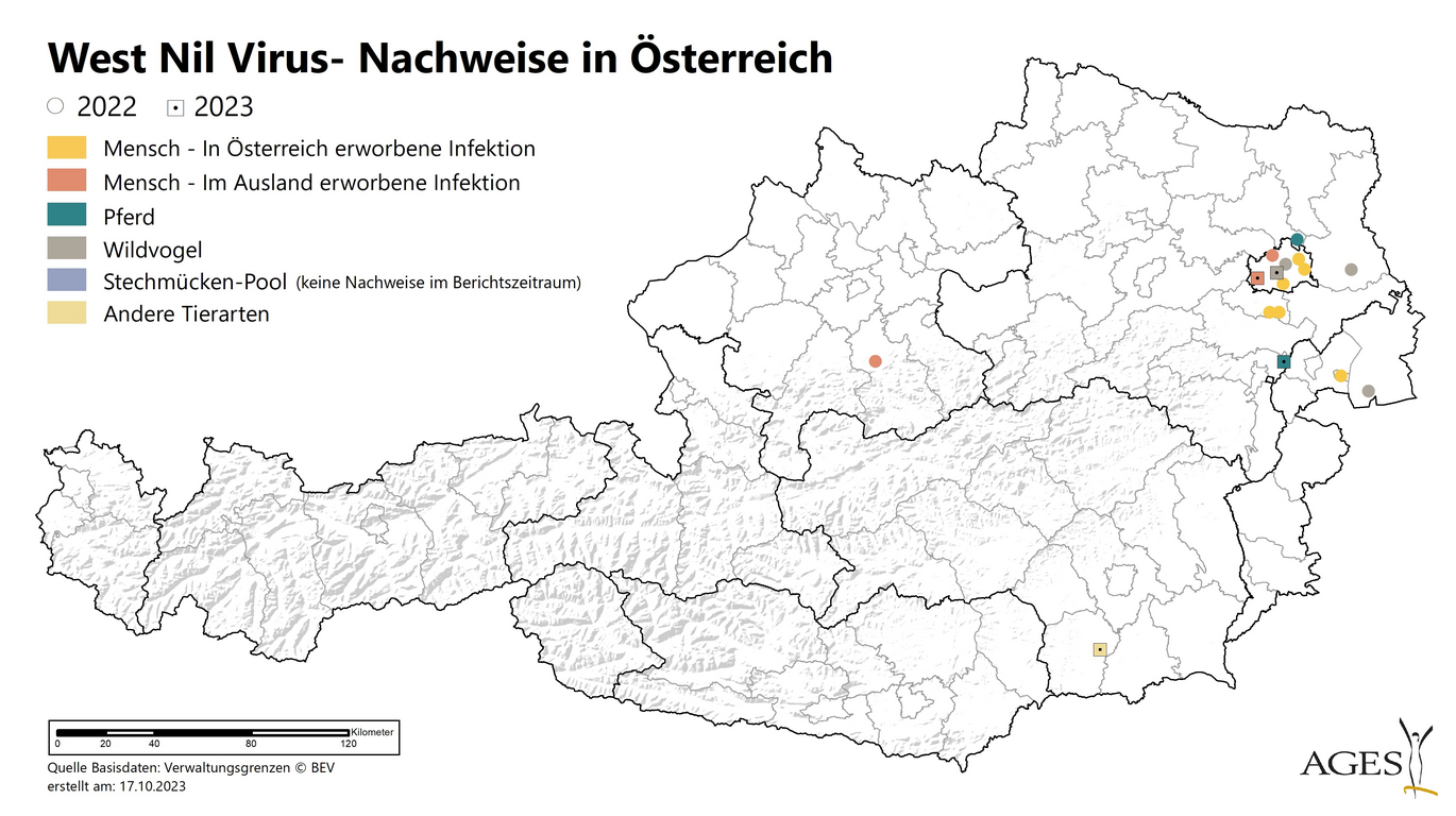 Für jede in Österreich erworbene Infektion beim Menschen wird der wahrscheinliche Ort der Ansteckung auf der Karte angezeigt. Für jede im Ausland erworbene Infektion beim Menschen wird der Wohnbezirk angezeigt (Datenquellen: Nachweise beim Menschen: EMS. Nachweise bei Tieren: AGES). (Vergrößert das Bild in einem Dialog Fenster)
