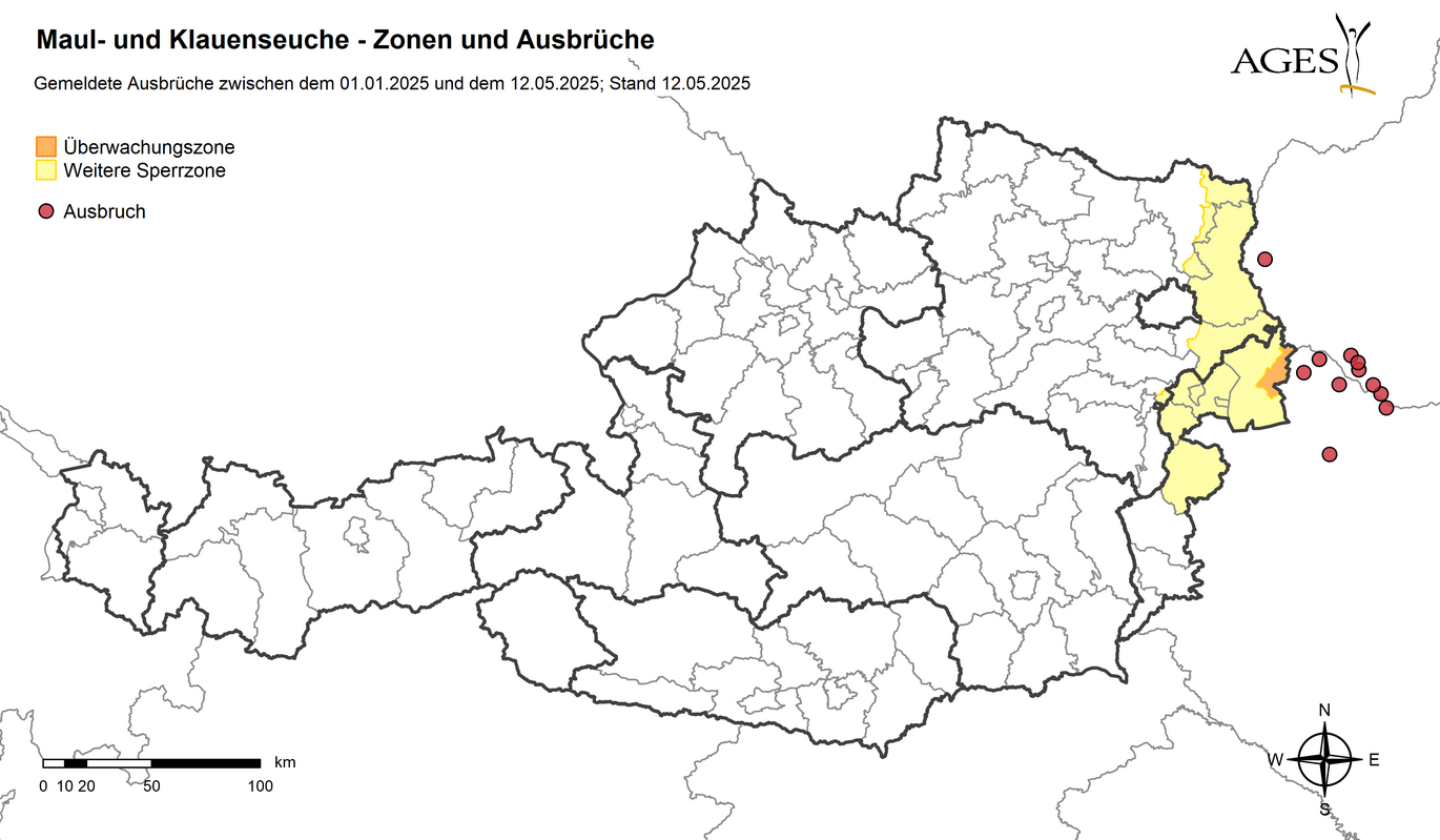 Österreichkarte Überwachungszonen Maul- und Klauensuche (Vergrößert das Bild in einem Dialog Fenster)