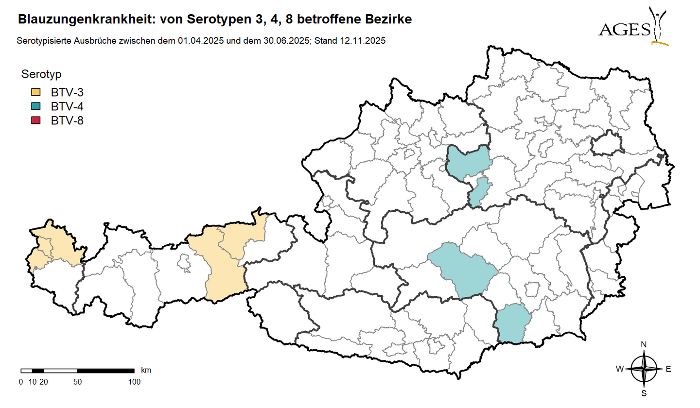 Österreichkarte, die die von der Blauzungenkrankheit betroffenen Bezirke zeigt (1.4. bis 30.6.2025)
