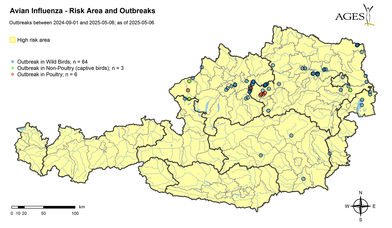 Risk areas and HPAI outbreaks since September 2024 (Enlarges Image in Dialog Window)