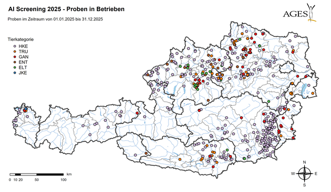 Untersuchungen mittels PCR in Geflügelbetrieben und bei Vögeln in Gefangenschaft (Klein- und Hobbybetriebe, Zoos) 2025 (Vergrößert das Bild in einem Dialog Fenster)