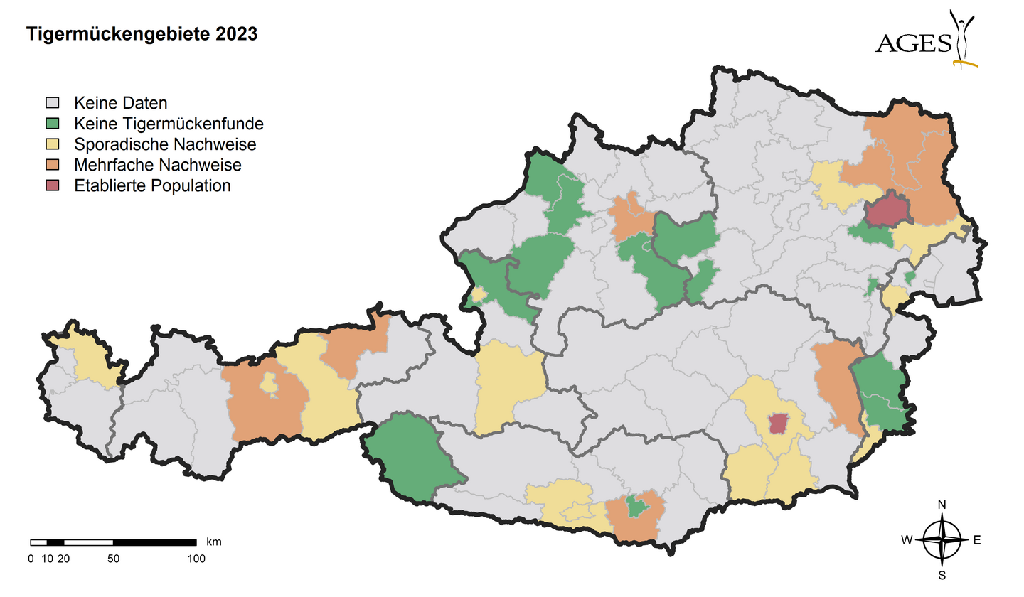 Österreichkarte zu Tigermückenfunden im Jahr 2023