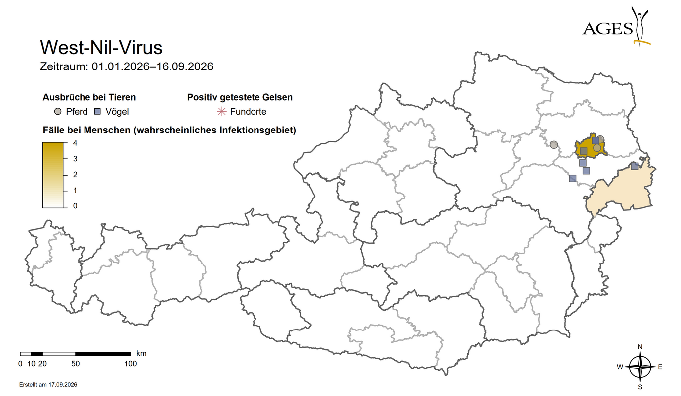 Karte: West-Nil-Virus: Fälle beim Menschen und Ausbrüche bei Tieren (Vergrößert das Bild in einem Dialog Fenster)