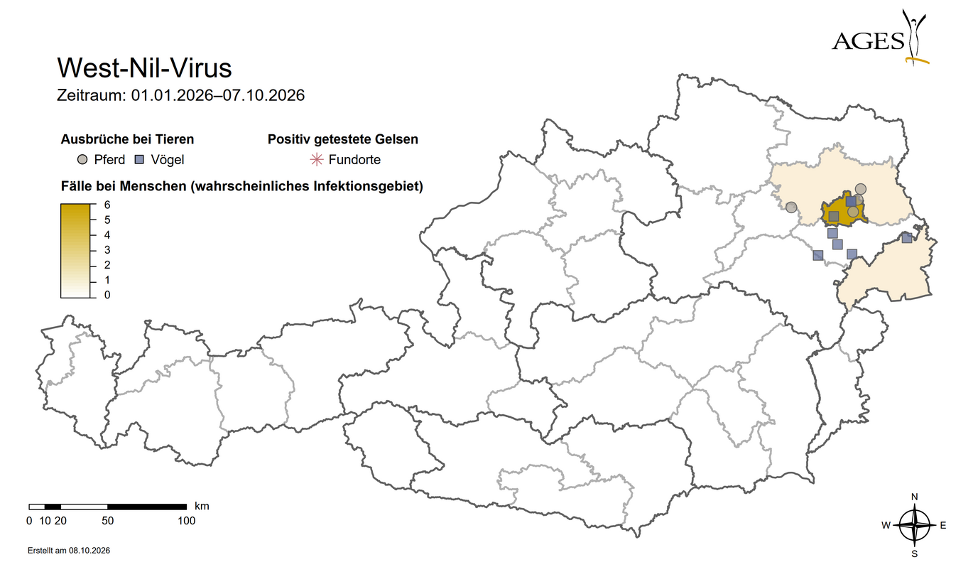 Karte: West-Nil-Virus: Fälle beim Menschen und Ausbrüche bei Tieren (Vergrößert das Bild in einem Dialog Fenster)