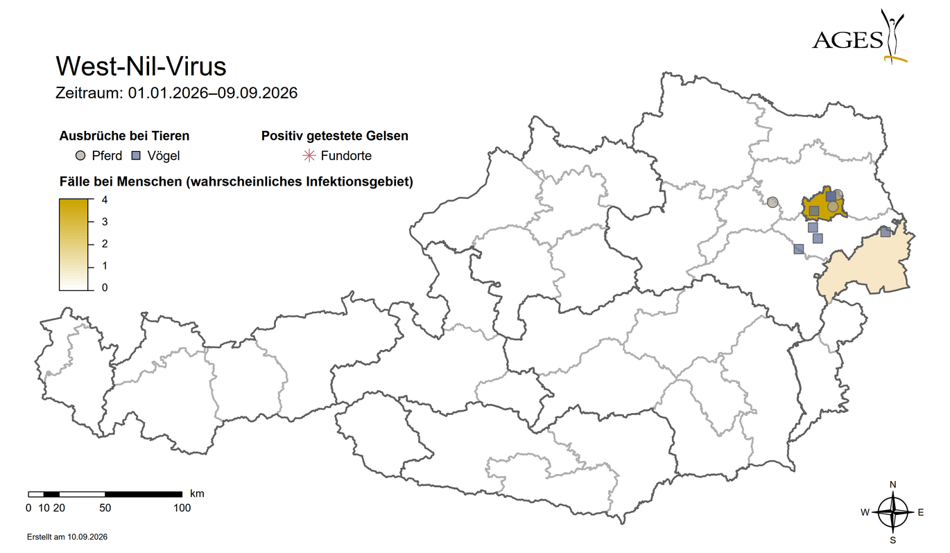 Karte: West-Nil-Virus: Fälle beim Menschen und Ausbrüche bei Tieren (Enlarges Image in Dialog Window)