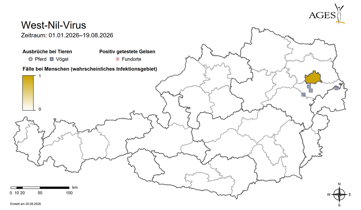 Karte: West-Nil-Virus: Fälle beim Menschen und Ausbrüche bei Tieren (Vergrößert das Bild in einem Dialog Fenster)
