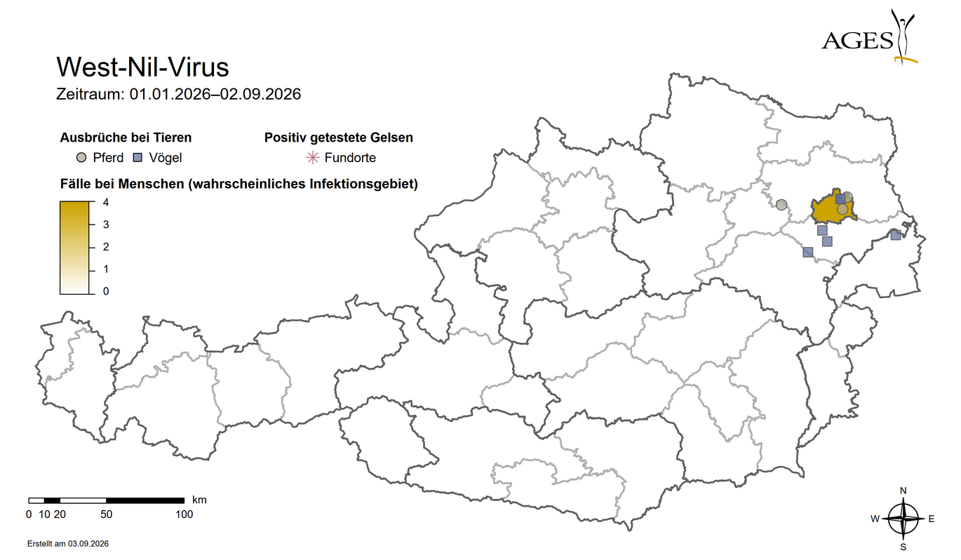 Karte: West-Nil-Virus: Fälle beim Menschen und Ausbrüche bei Tieren (Vergrößert das Bild in einem Dialog Fenster)