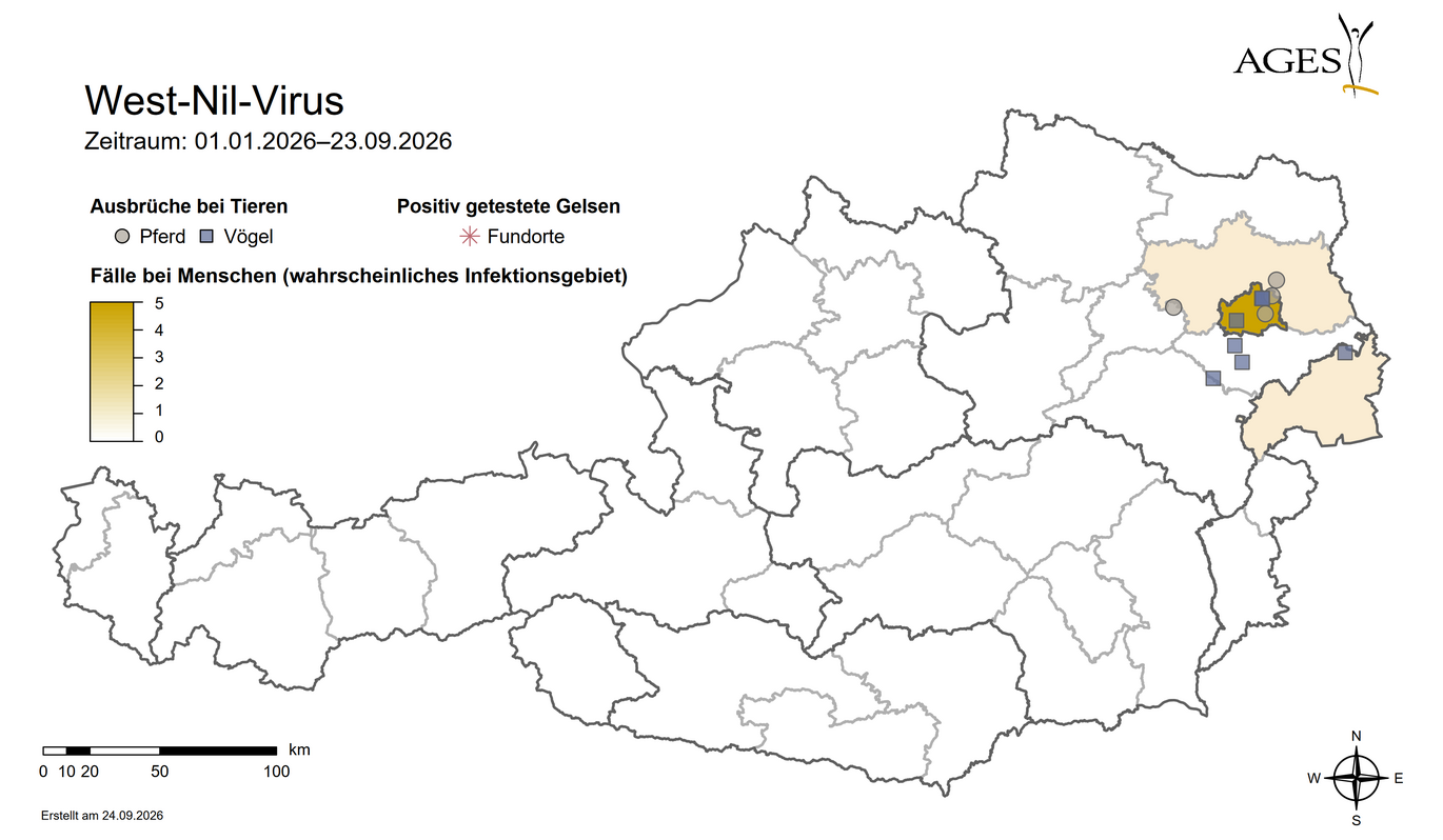 Karte: West-Nil-Virus: Fälle beim Menschen und Ausbrüche bei Tieren (Vergrößert das Bild in einem Dialog Fenster)