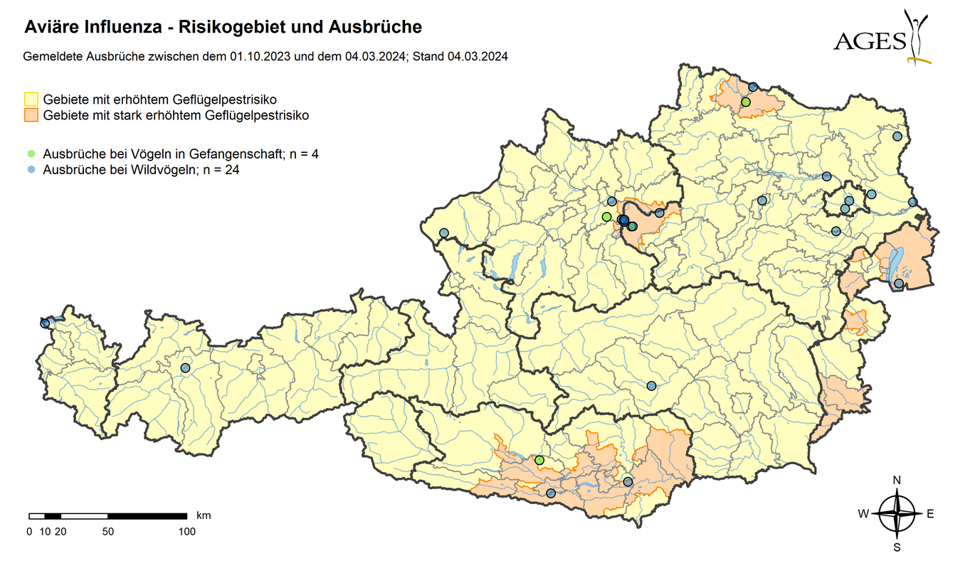 HPAI Ausbrüche Risikogebiet Österreich (Vergrößert das Bild in einem Dialog Fenster)
