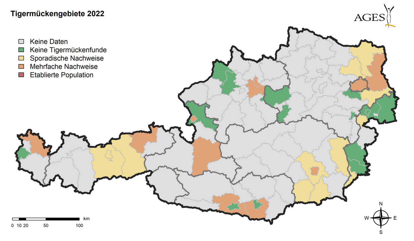 Österreichkarte zu Tigermückenfunden im Jahr 2022
