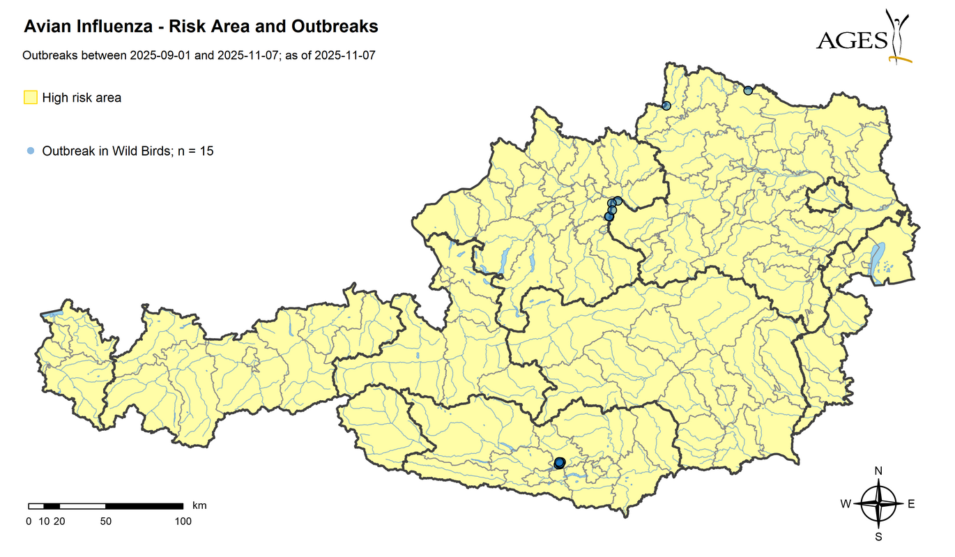 HPAI outbreaks since 01.09.2025 (Enlarges Image in Dialog Window)