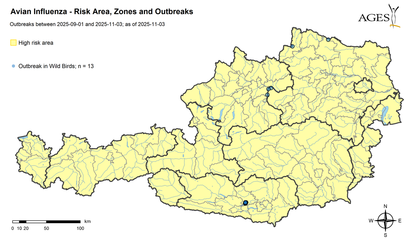 HPAI outbreaks since 01.09.2025 (Enlarges Image in Dialog Window)