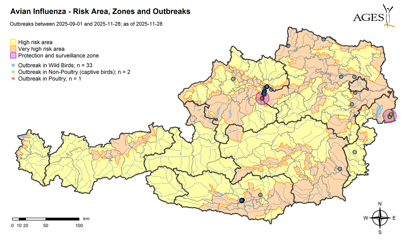 HPAI outbreaks since 01.09.2025 (Enlarges Image in Dialog Window)