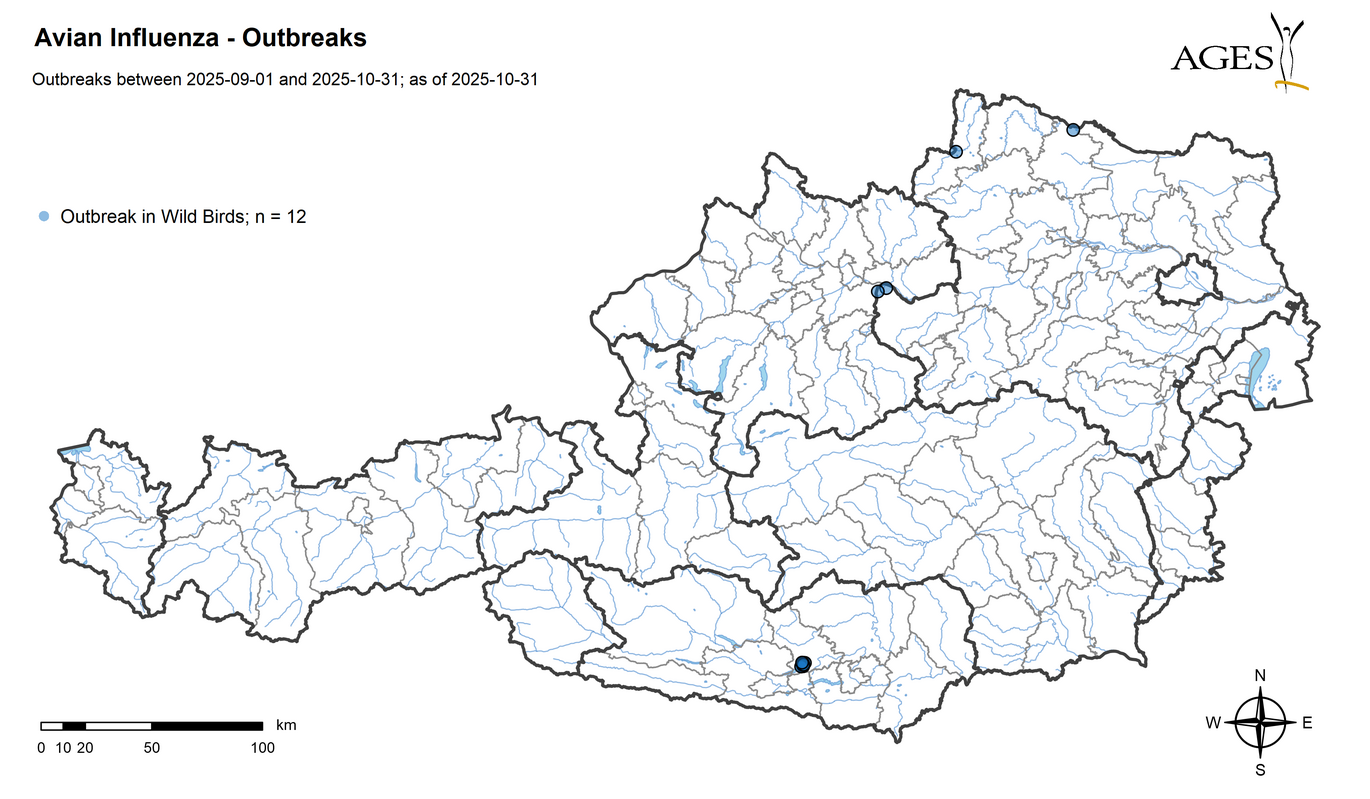 HPAI outbreaks since 01.09.2025 (Enlarges Image in Dialog Window)