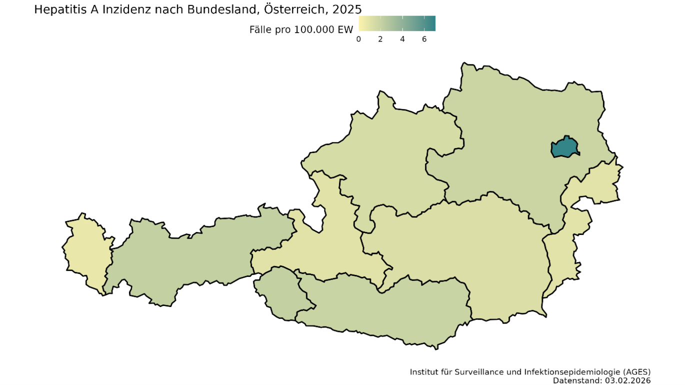 Geographical distribution of hepatitis A incidence in Austria by federal state