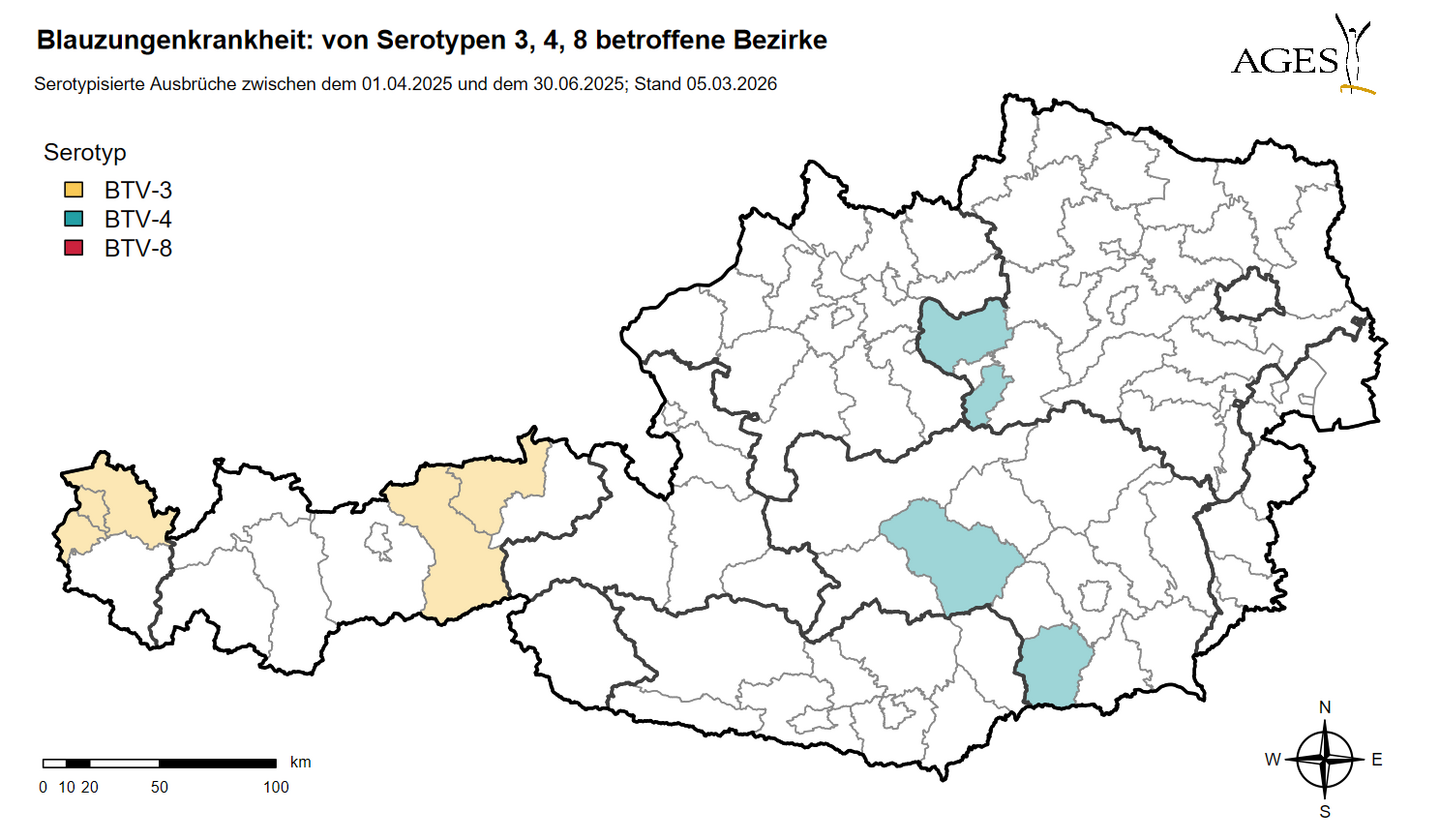 Österreichkarte, die die von der Blauzungenkrankheit betroffenen Bezirke zeigt (1.4. bis 30.6.2025)