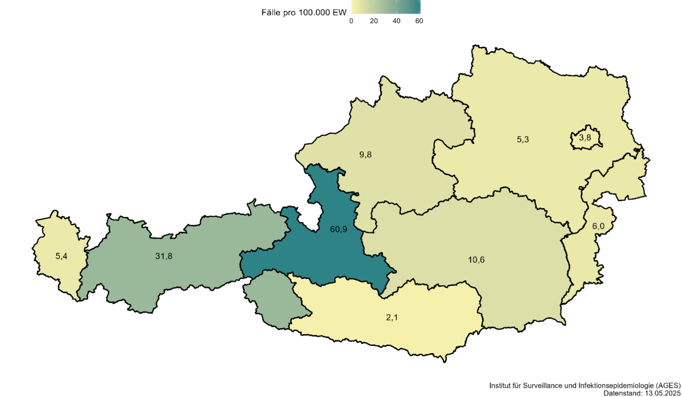 Pertussis incidence in 2025 per federal state (as of 13 May 2025)  (Enlarges Image in Dialog Window)