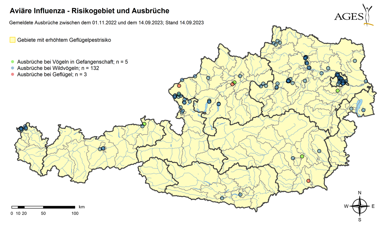 Gebiet mit erhöhtem Geflügelpestrisiko und Lokalisation der Ausbrüche bei Vögeln in Gefangenschaft, Wildvögeln und Geflügel