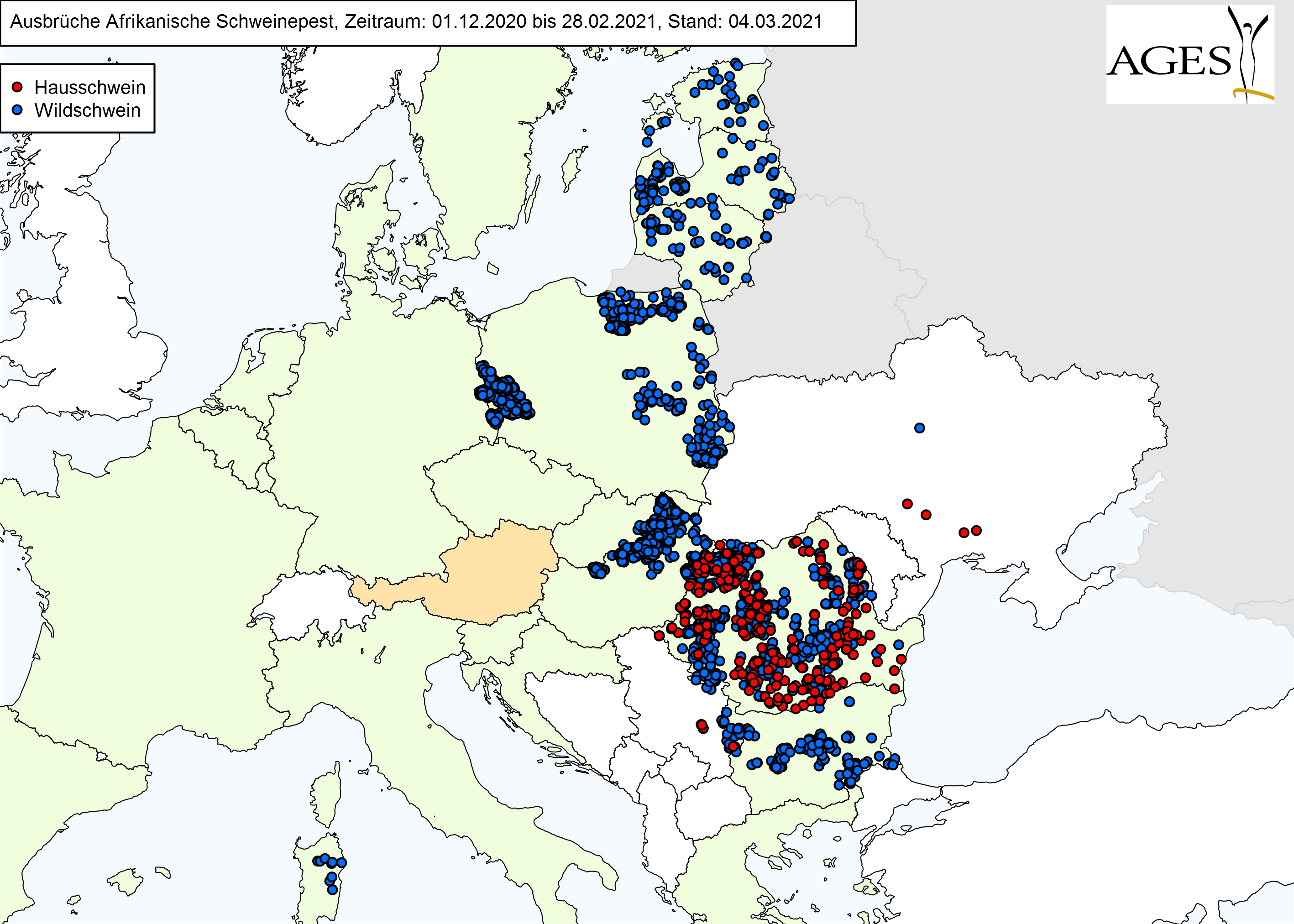 Europakarte zu ASP-Fällen wie in "Situation in Europa" beschrieben.