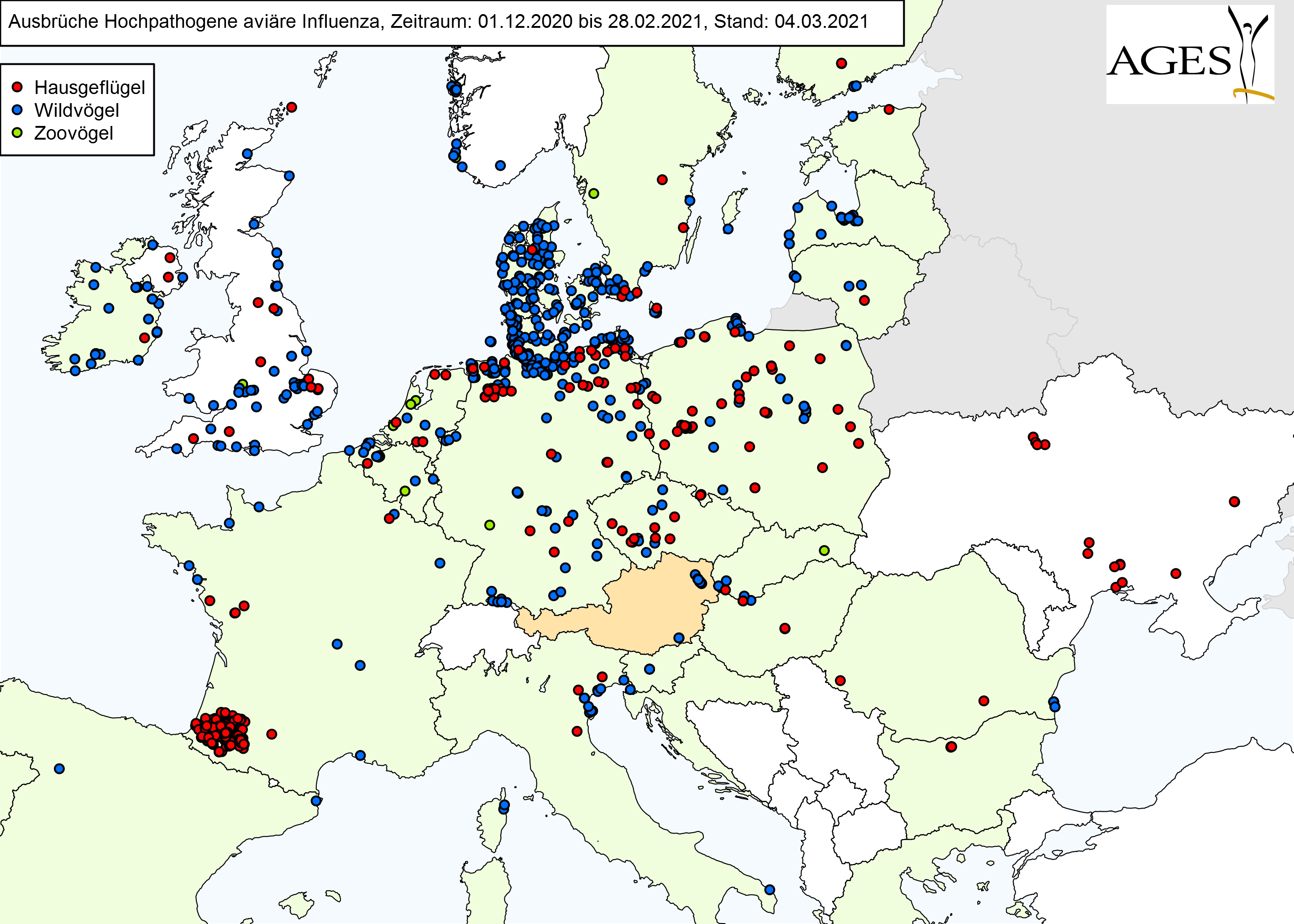 Europakarte zu HPAI-Fällen wie in "Situation in Europa" beschrieben.