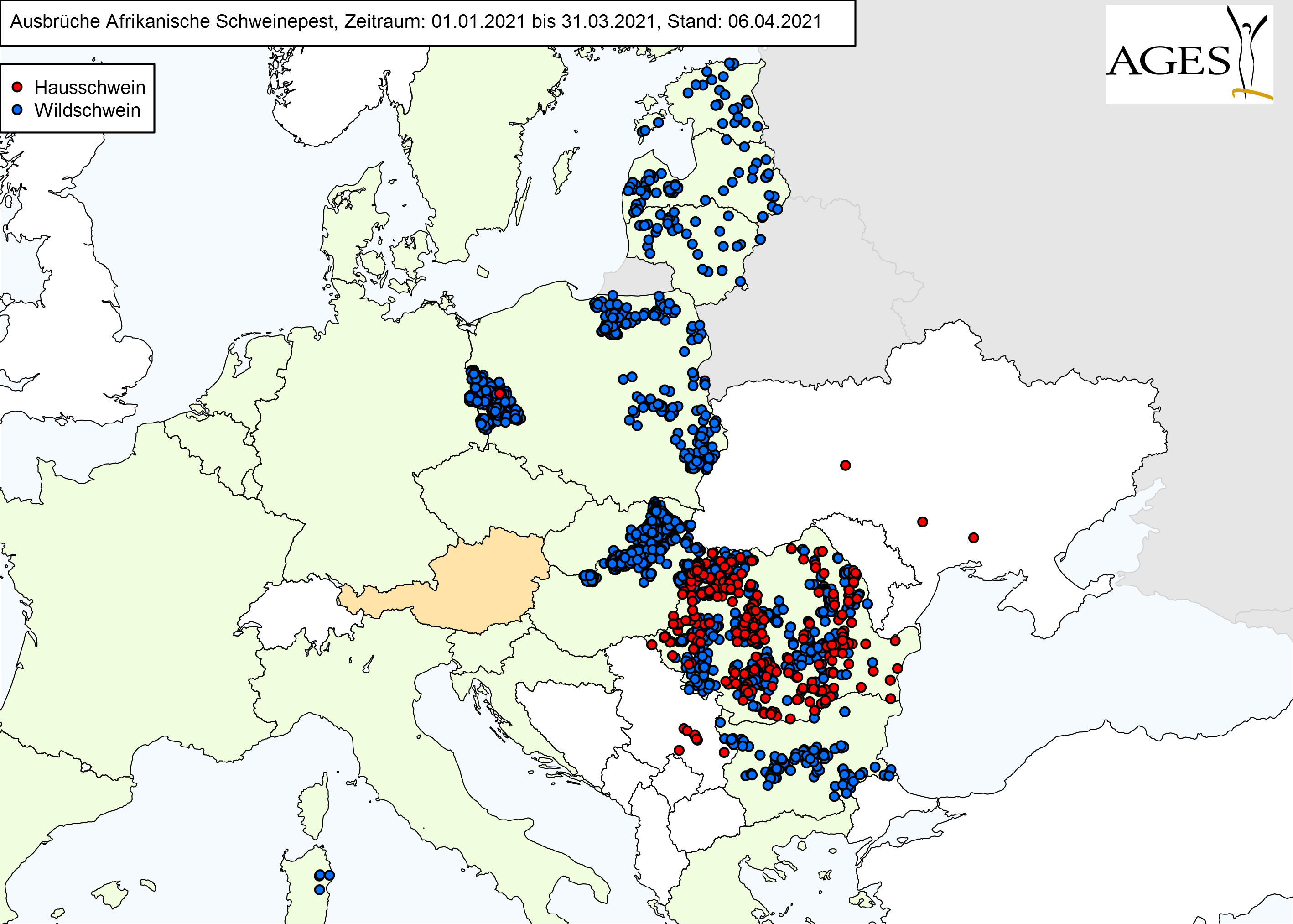 Europakarte zu ASP-Fällen wie in "Situation in Europa" beschrieben.