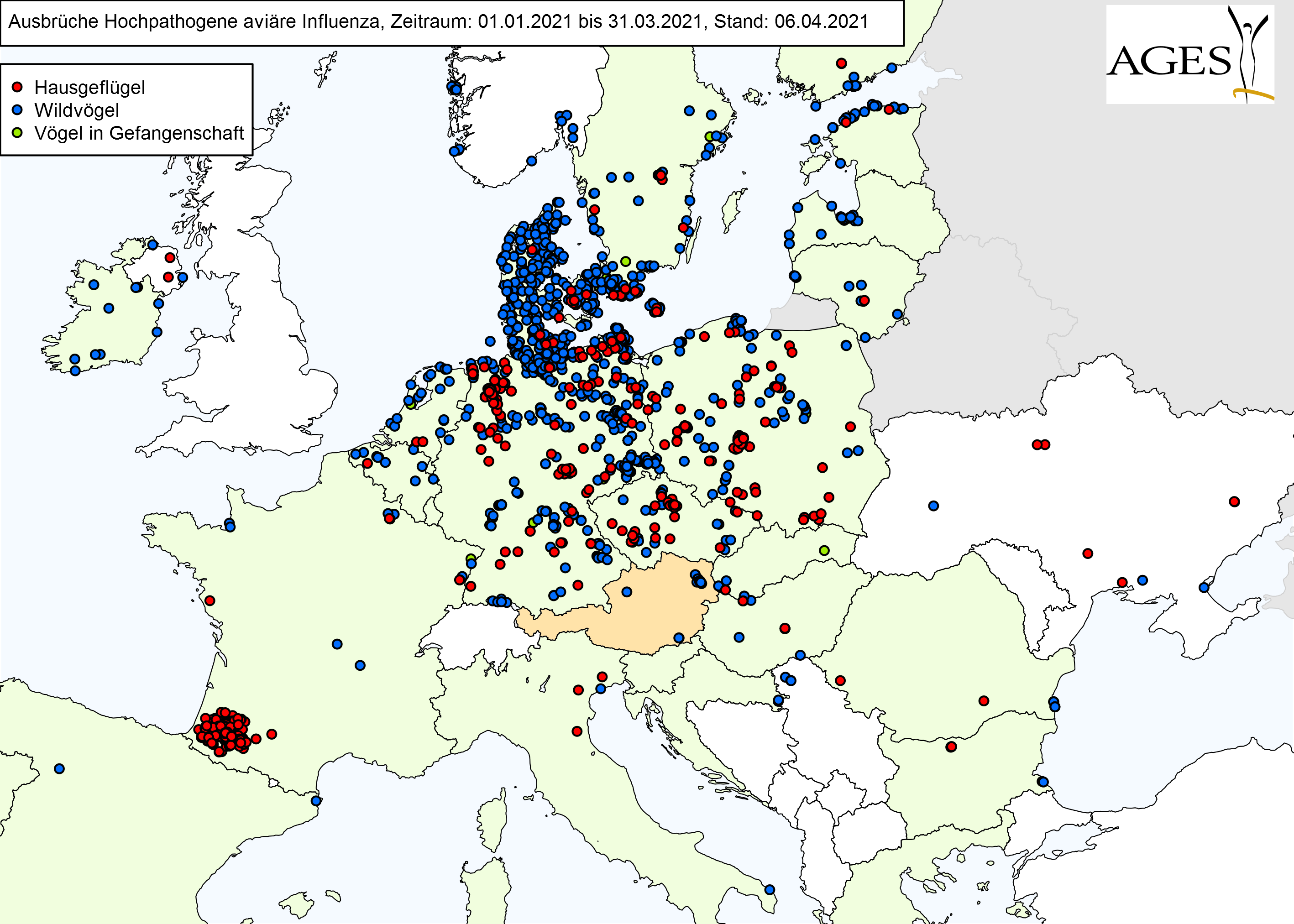 Europakarte zu HPAI-Fällen wie in "Situation in Europa" beschrieben.