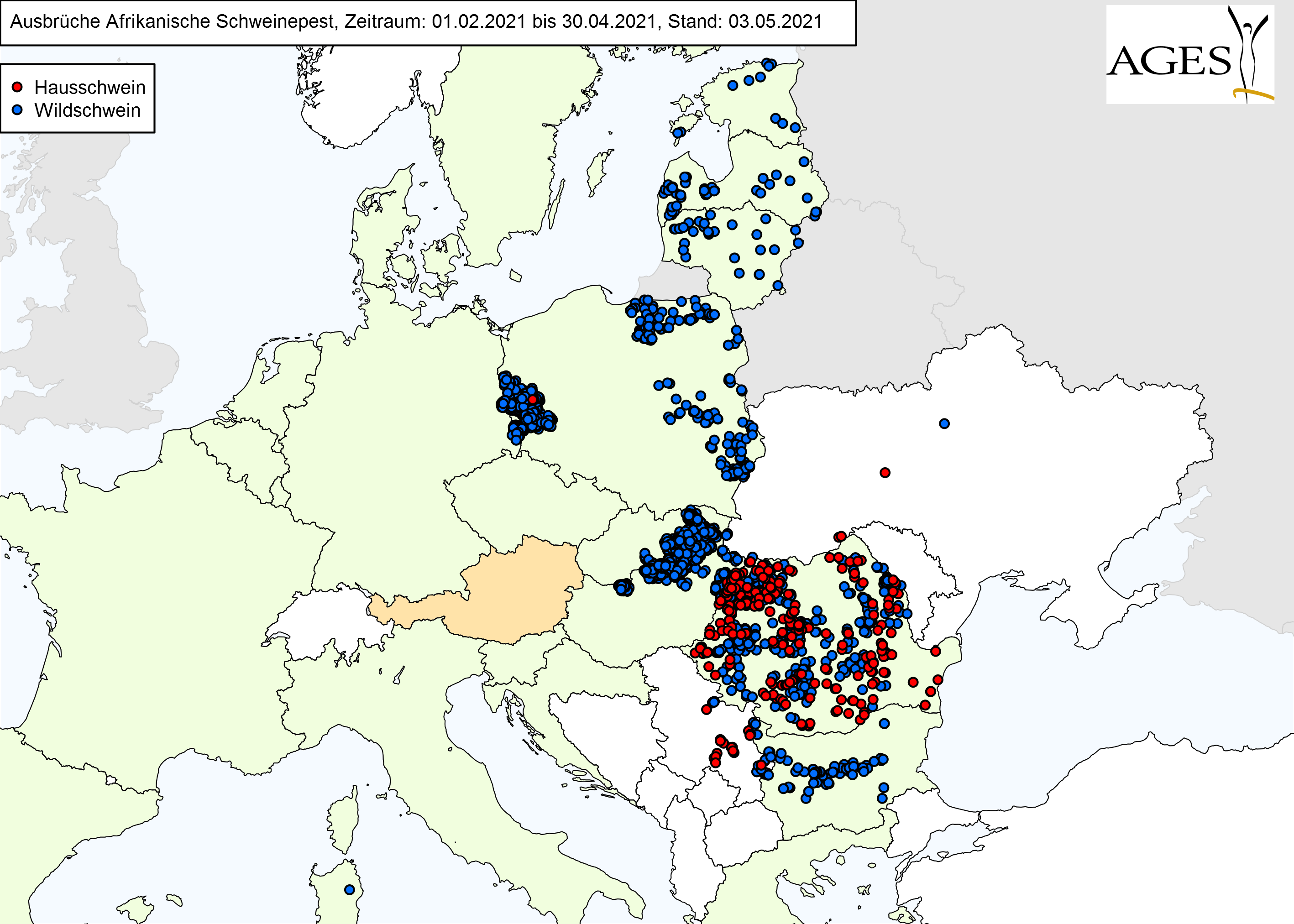 Europakarte zu ASP-Fällen wie in "Situation in Europa" beschrieben.