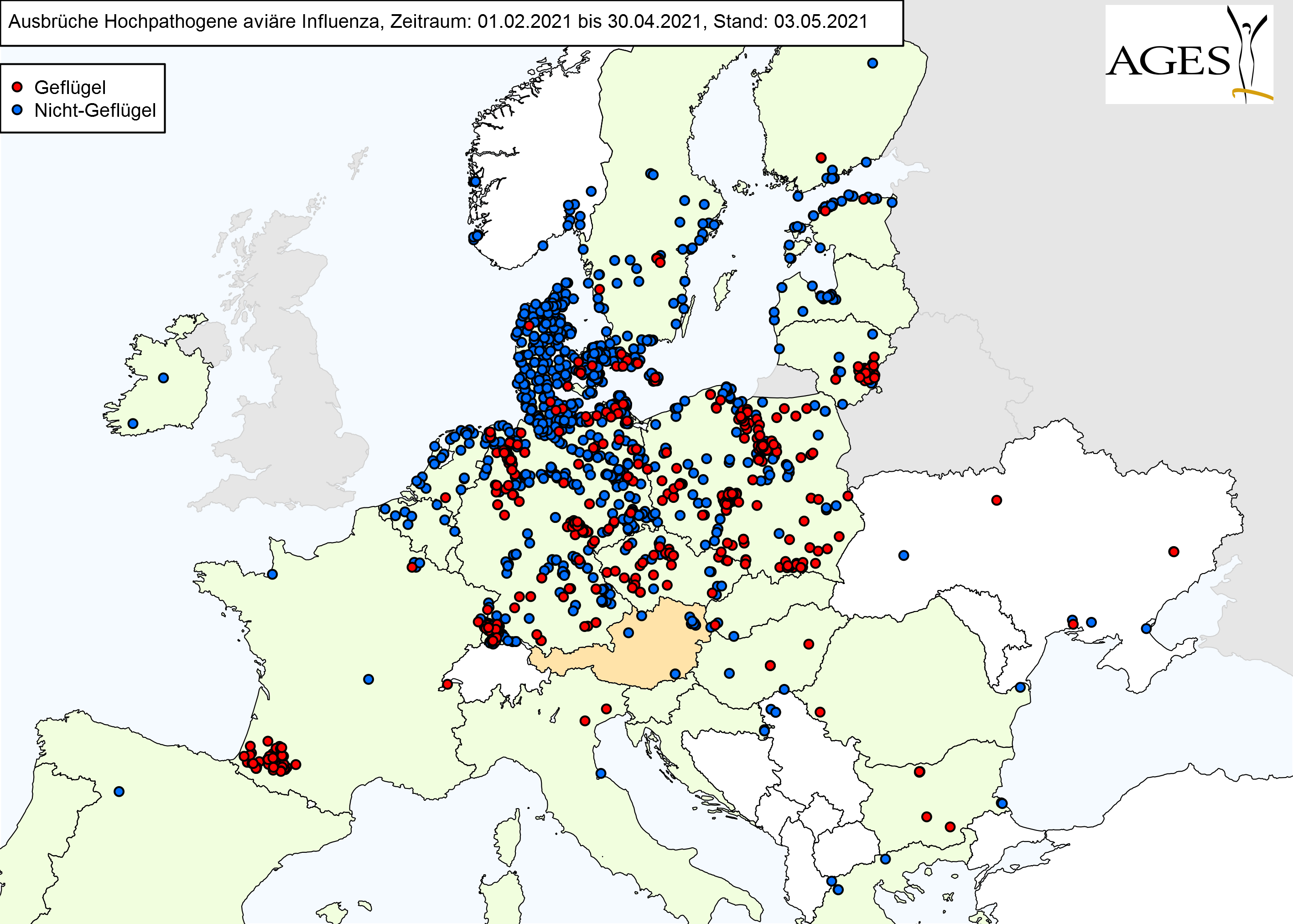 Europakarte zu HPAI-Fällen wie in "Situation in Europa" beschrieben.