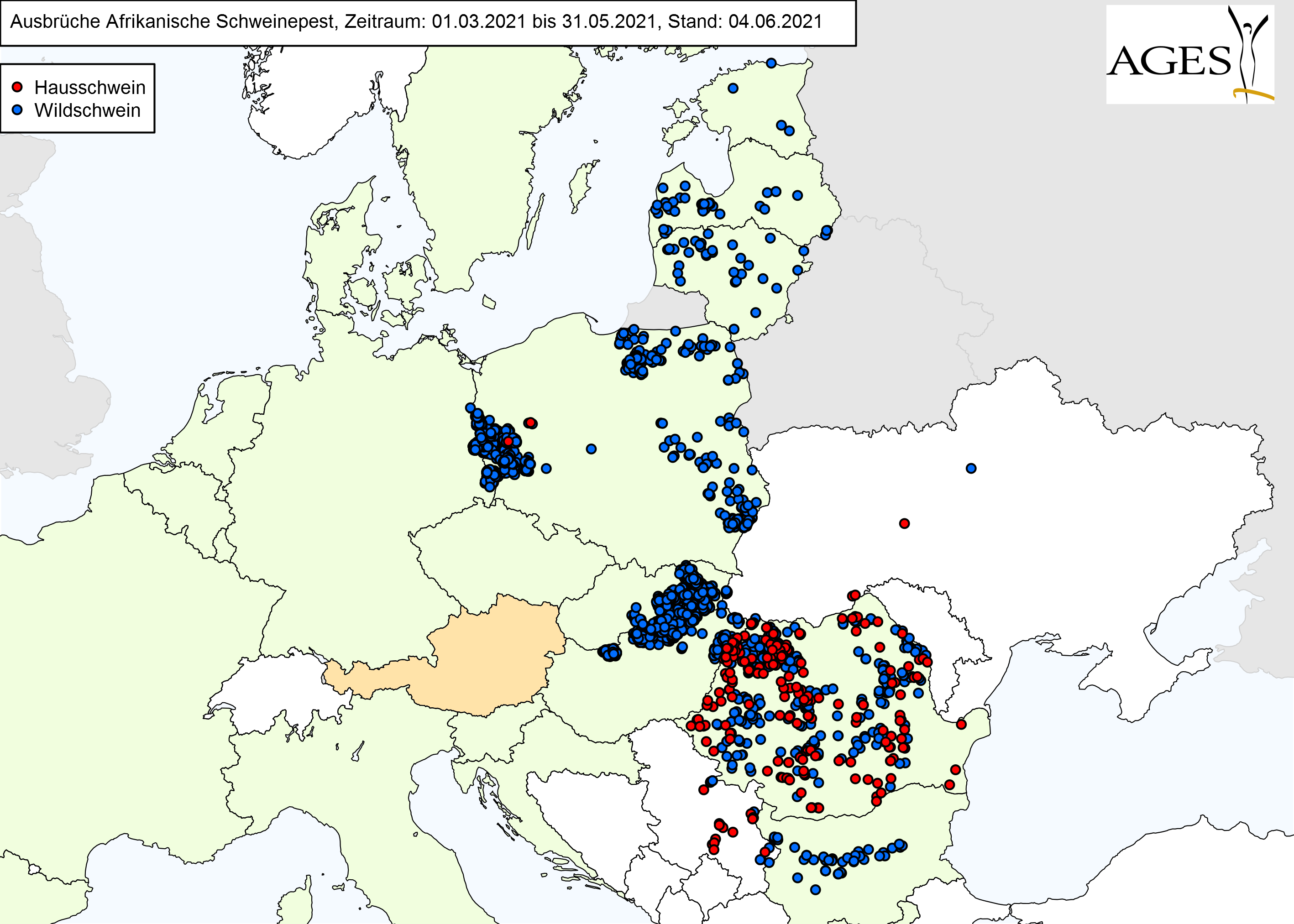 Europakarte zu ASP-Fällen wie in "Situation in Europa" beschrieben.