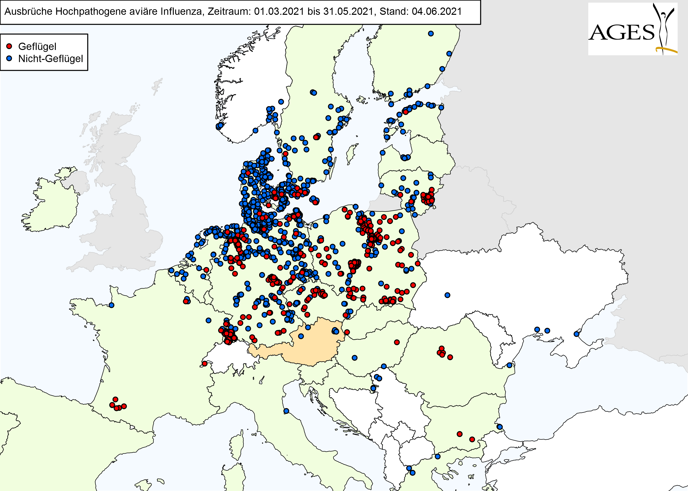 Europakarte zu HPAI-Fällen wie in "Situation in Europa" beschrieben.