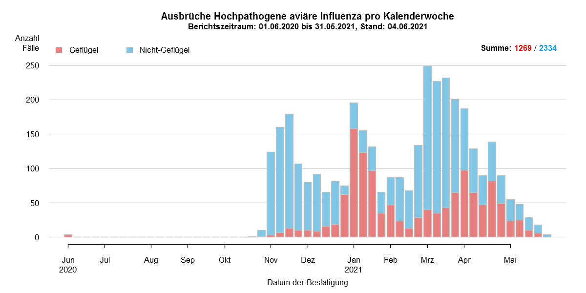 Verlaufsgrafik zu HPAI-Fällen in Europa: Im Zuge des Frühjahrzuges der Wildvögel im April und Mai wurden vermehrt Fälle bei Wildvögeln festgestellt. Mit Beginn des Herbstzuges ab November kam es zu einem drastischen Anstieg der Fälle bei Wildvögeln mit steigenden Fallzahlen auch beim Hausgeflügel. Im Januar kam es zu einem erneuten starken Anstieg der Fälle, wobei hauptsächlich Hausgeflügel betroffen war. Ab Februar sind hingegen sind wieder hauptsächlich Wildvögel betroffen. Die Fallzahlen steigen im März auf einen Höchststand im Seuchenverlauf.