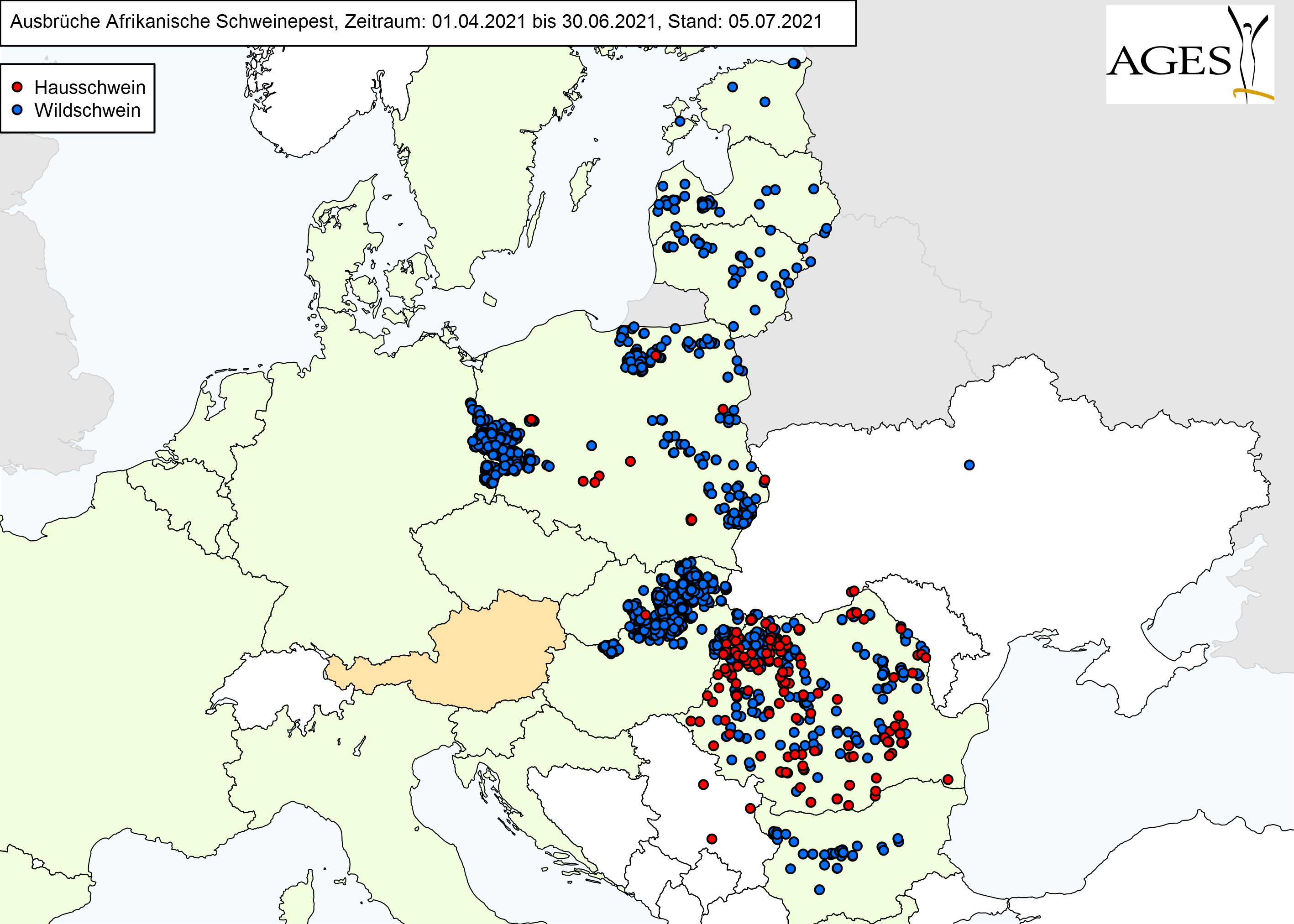 Europakarte zu ASP-Fällen wie in "Situation in Europa" beschrieben.