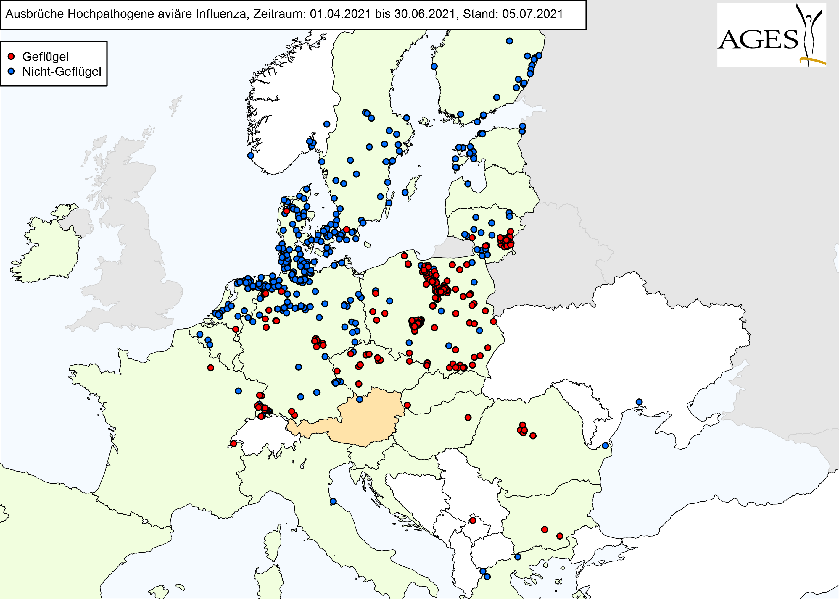 Europakarte zu HPAI-Fällen wie in "Situation in Europa" beschrieben.