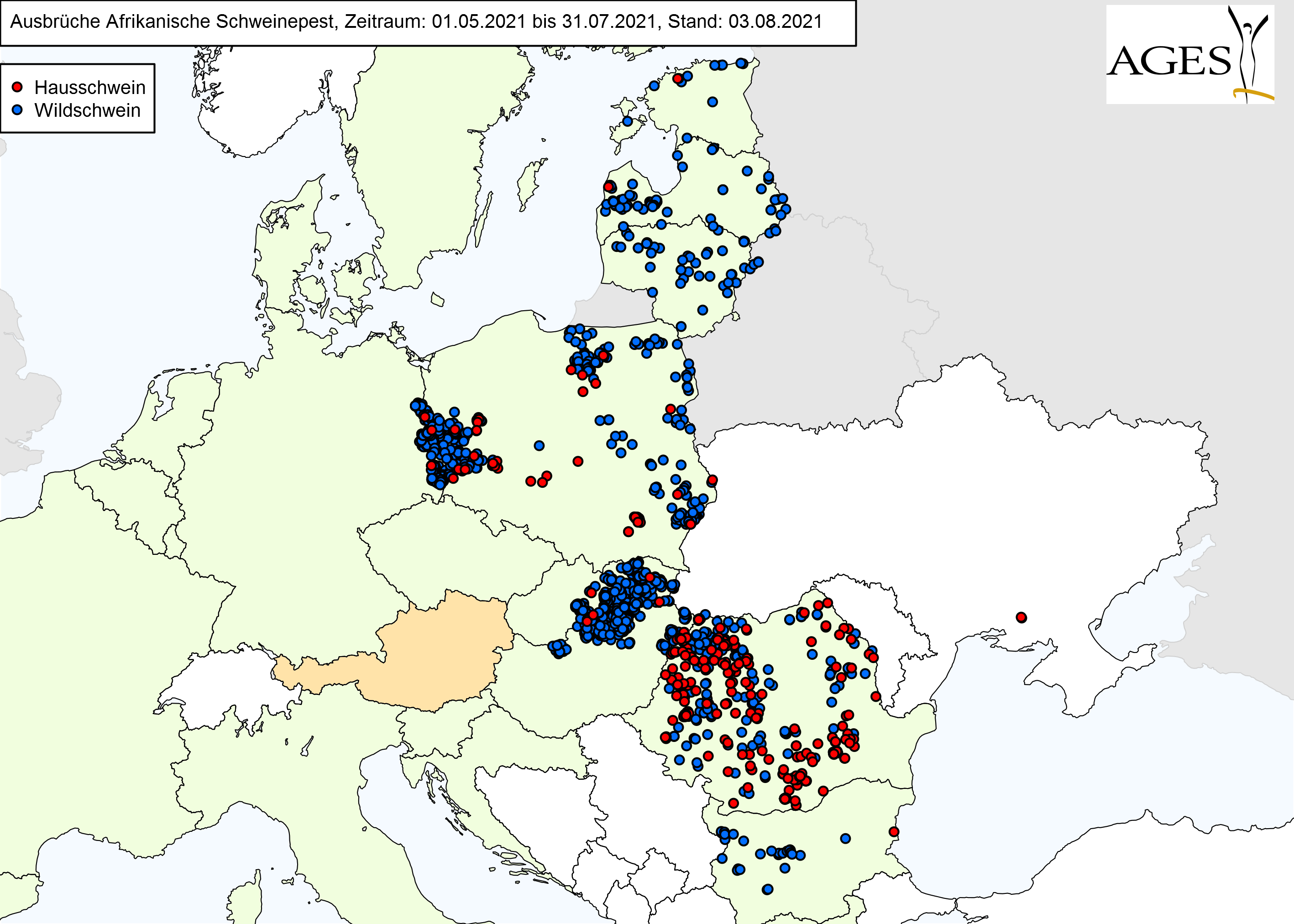 Europakarte zu ASP-Fällen wie in "Situation in Europa" beschrieben.