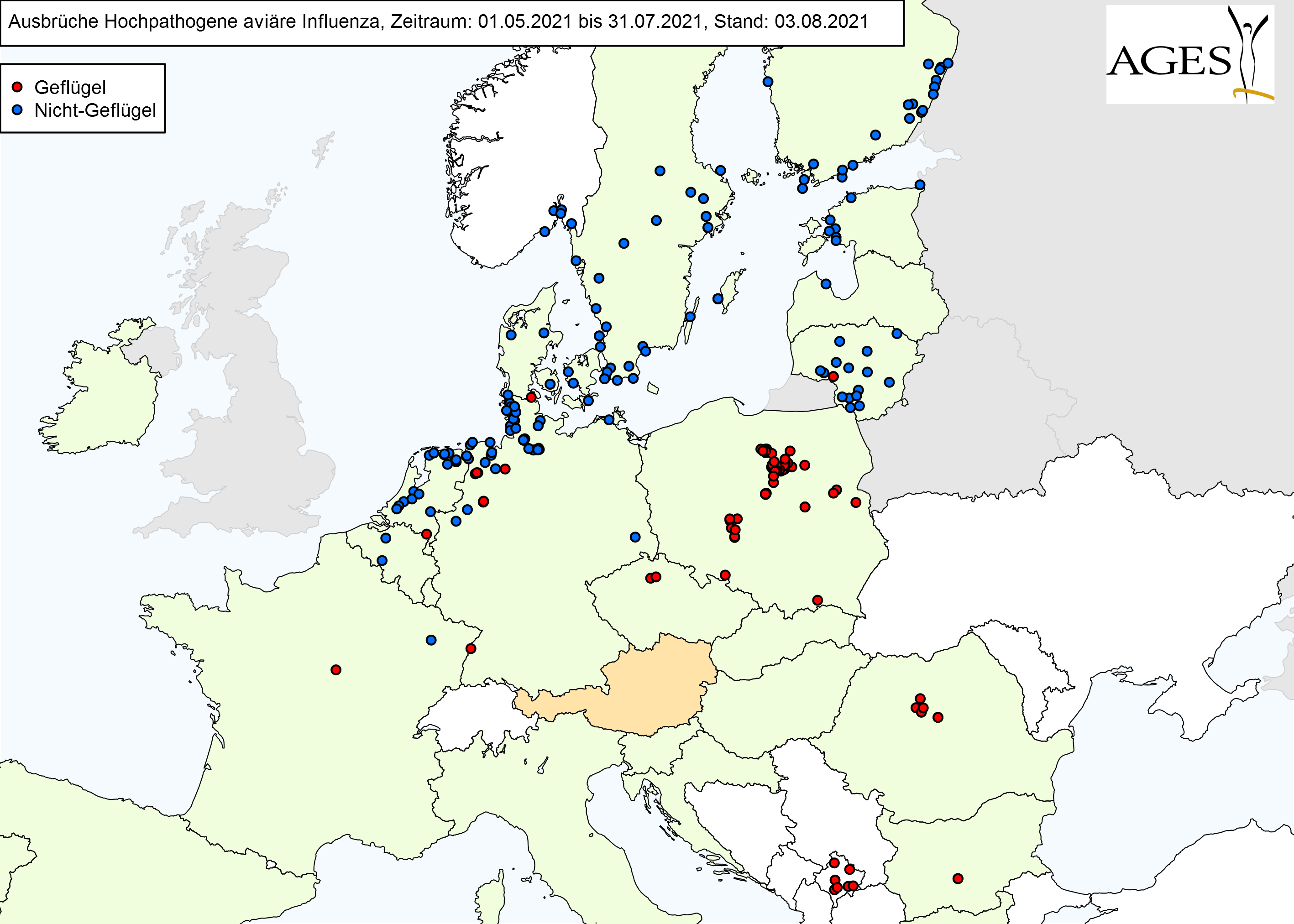 Europakarte zu HPAI-Fällen wie in "Situation in Europa" beschrieben.