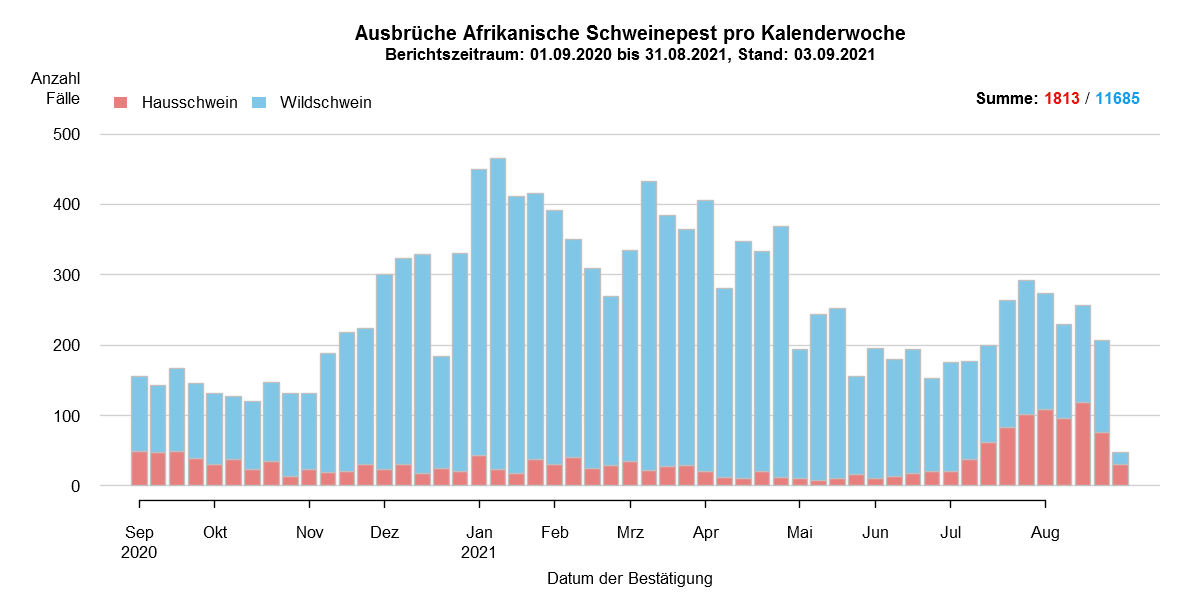 Verlaufsgrafik zu ASP-Fällen in Europa: Die Anzahl der gemeldeten ASP-Fälle beim Wildschwein stieg in den kälteren Wintermonaten, während die Zahl der Fälle bei Hausschweinen über das ganze Jahr stabil blieb und stieg zwischen Juli und September. Im August ist die Anzahl der ASP-Fälle bei Wildschweinen leicht gesunken und bei Hausschweinen weiter gestiegen. Eine Detailbeschreibung finden Sie im Kapitel "Situation in Europa" und im Kapitel "Kommentar".