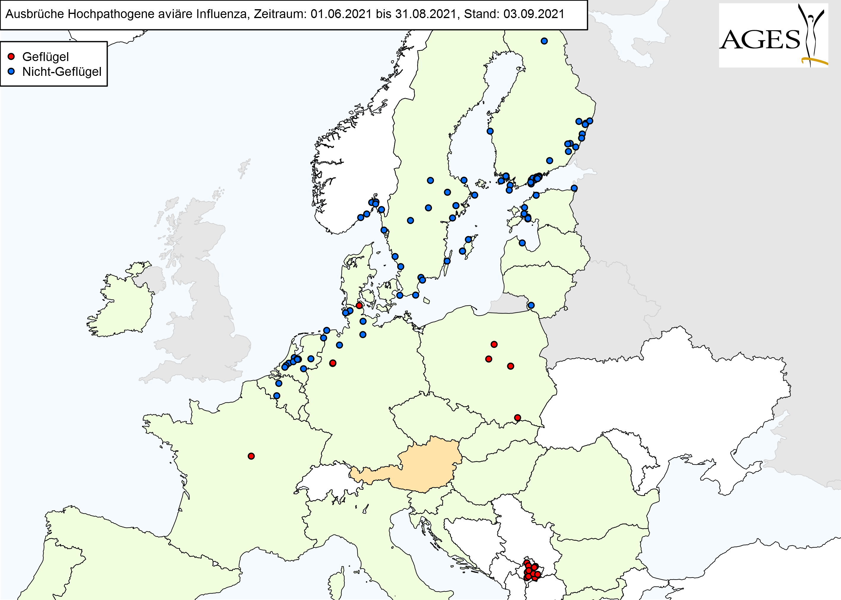 Europakarte zu HPAI-Fällen wie in "Situation in Europa" beschrieben.