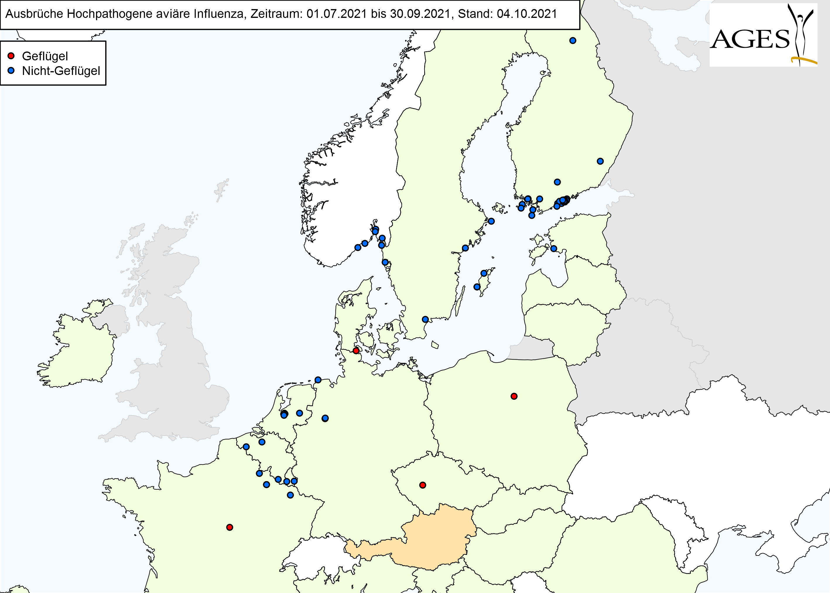 Europakarte zu HPAI-Fällen wie in "Situation in Europa" beschrieben.