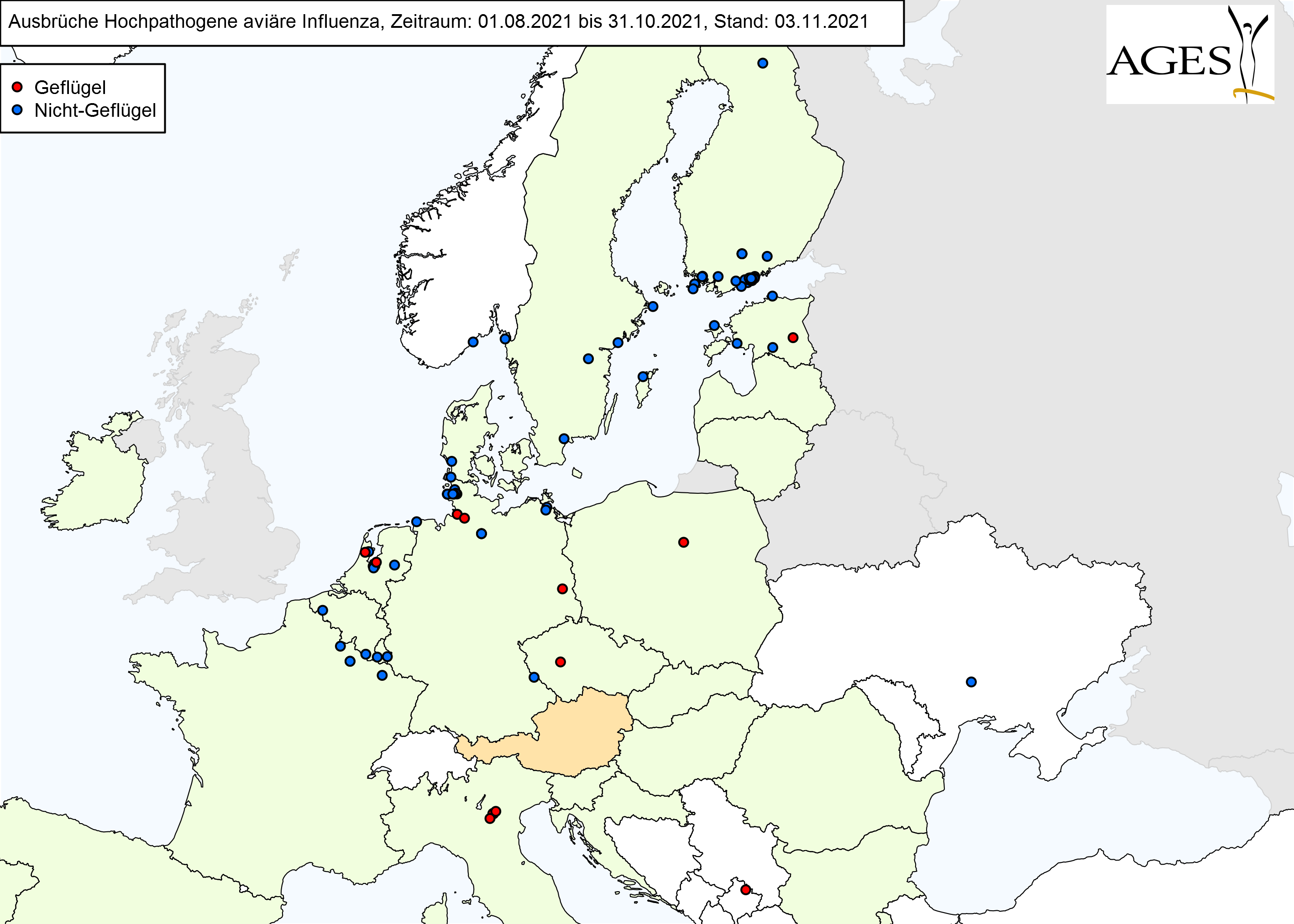 Europakarte zu HPAI-Fällen wie in "Situation in Europa" beschrieben.