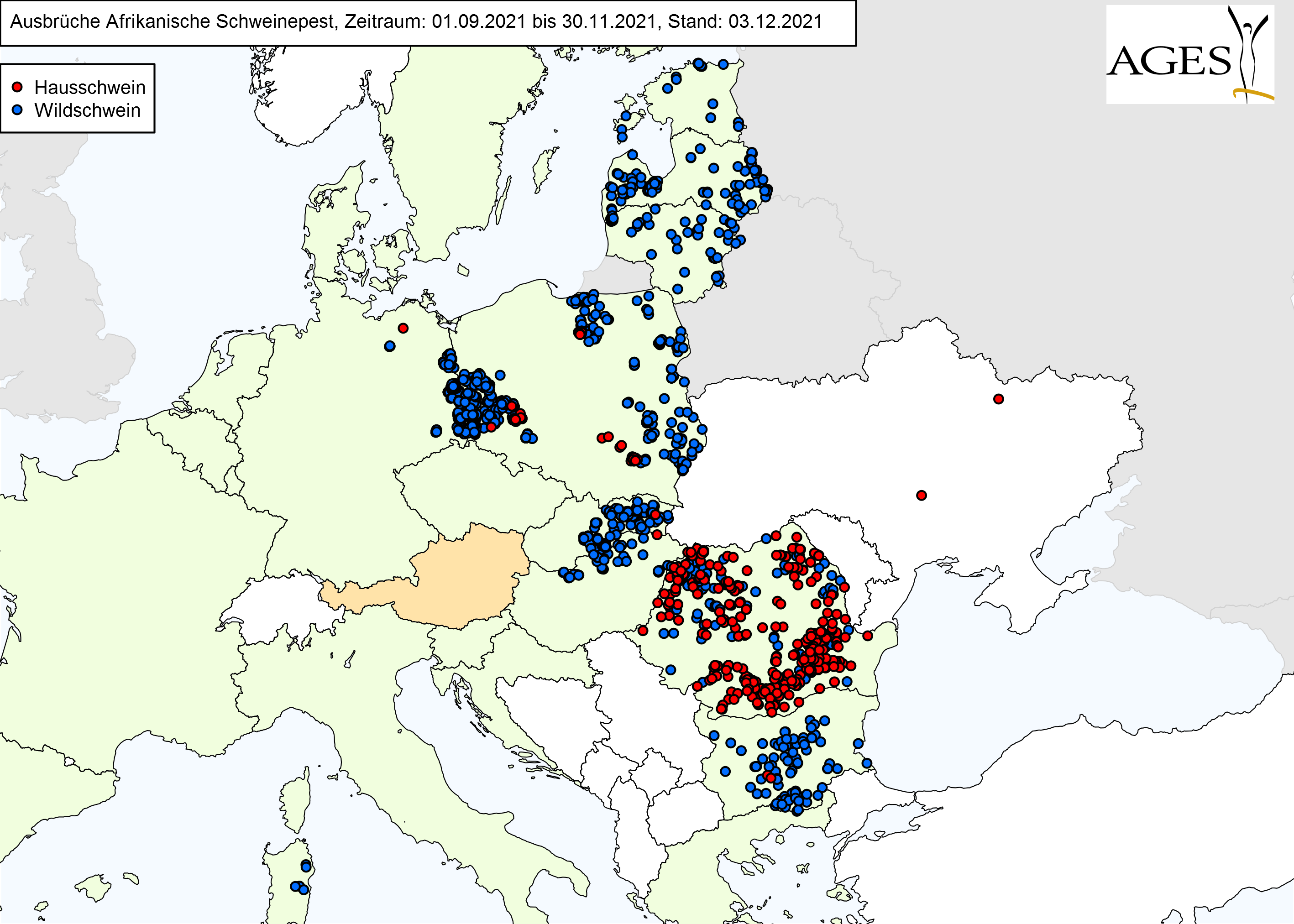 Europakarte zu ASP-Fällen wie in "Situation in Europa" beschrieben.