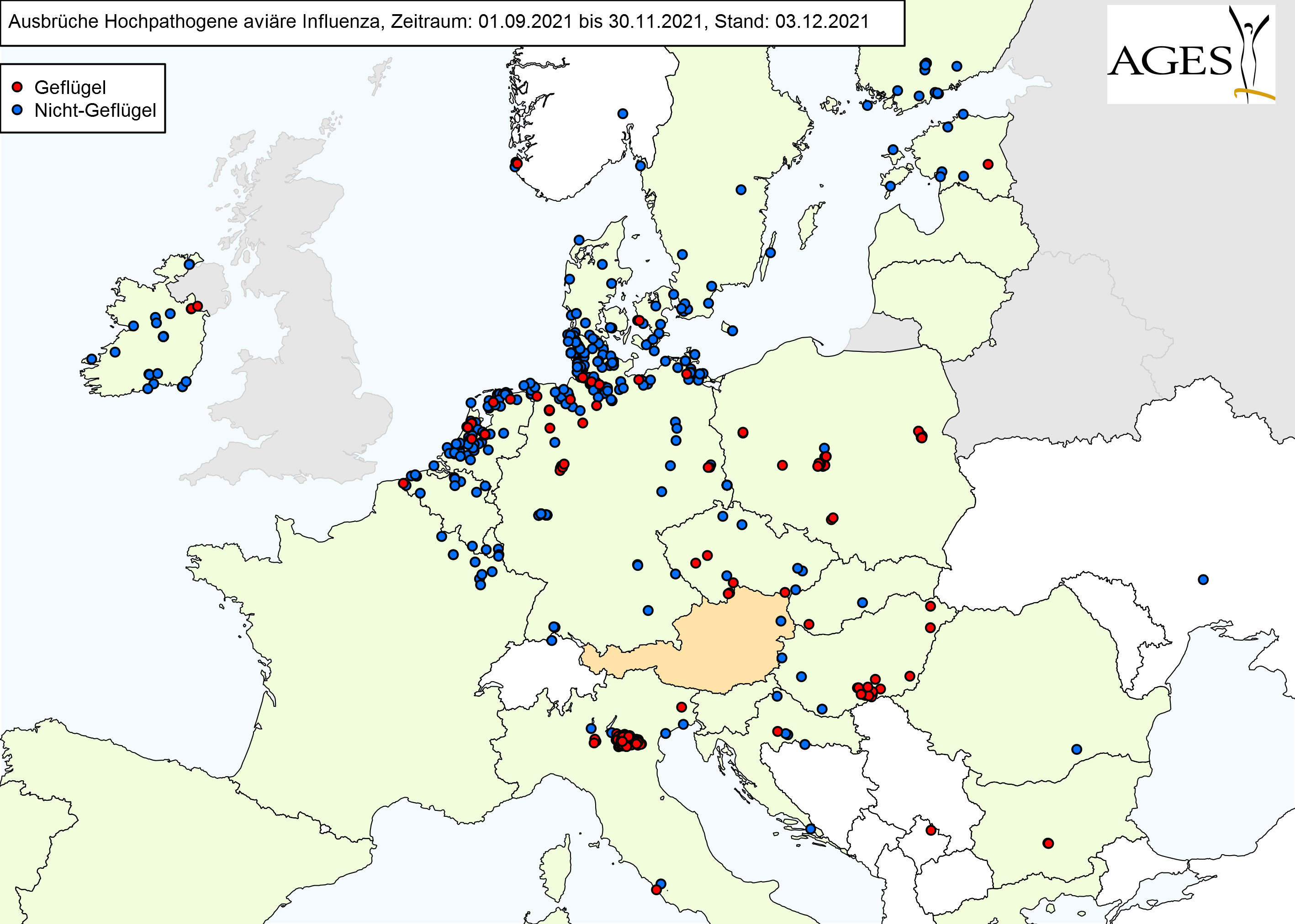 Europakarte zu HPAI-Fällen wie in "Situation in Europa" beschrieben.